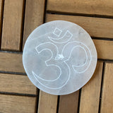Base Selenite Om | Round Selenite Plate